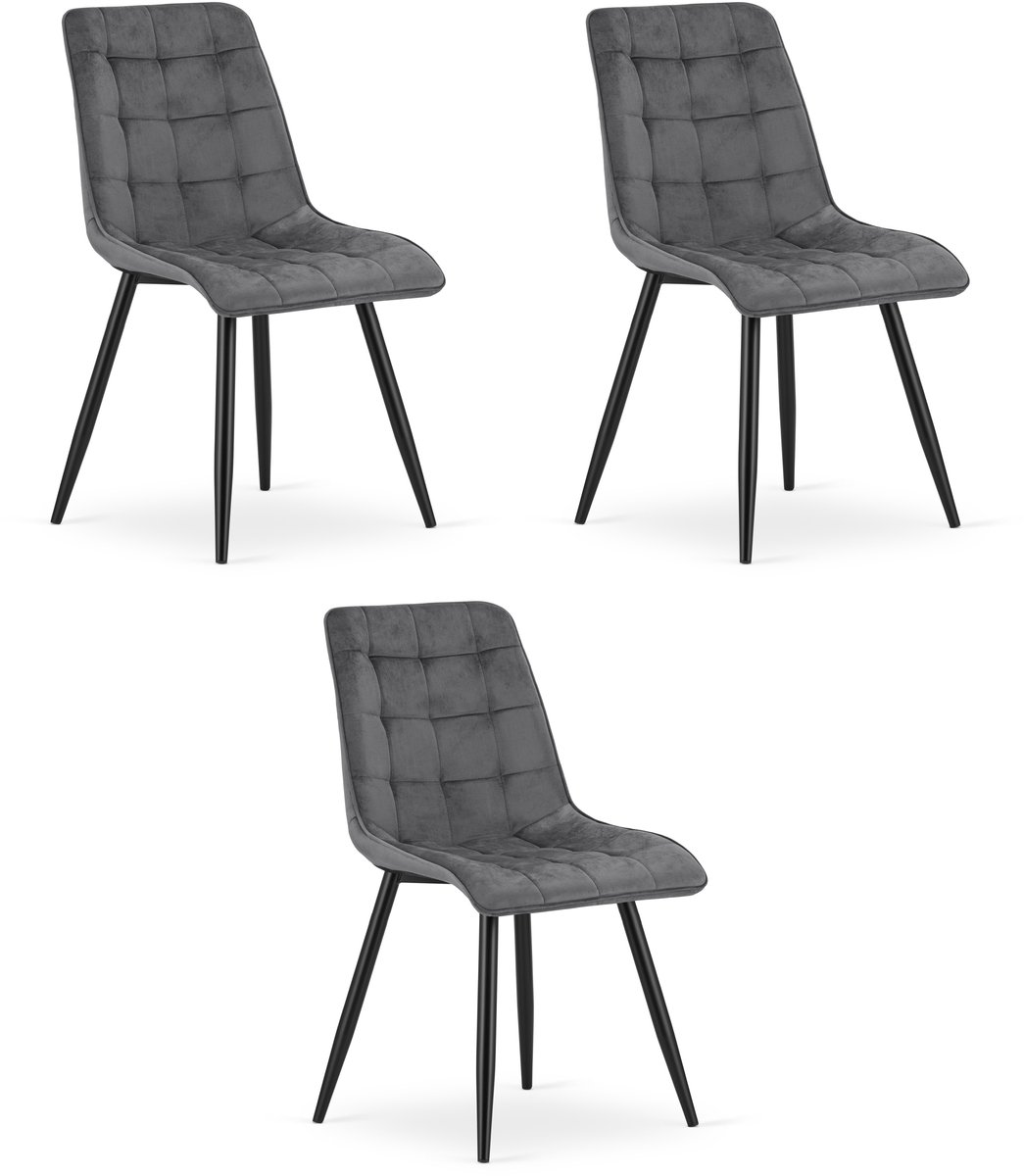 LEOBERT Set van 3 Eetkamerstoelen SPLIT – Donkergrijs Velvet / Fluweel – Gestoffeerde Zitting – Zwarte Metalen Poten – Modern Design – Voor Eetkamer en Keuken