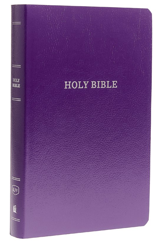 Paarse 'Holy Bible' KJV-editie met zilveren opdruk en decoratieve lijnen op de rug en kaft.