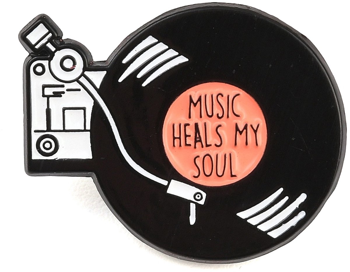 Pin - music heals my soul - platenspeler - muziek - LP - broche - kledingspeld - pop - rock