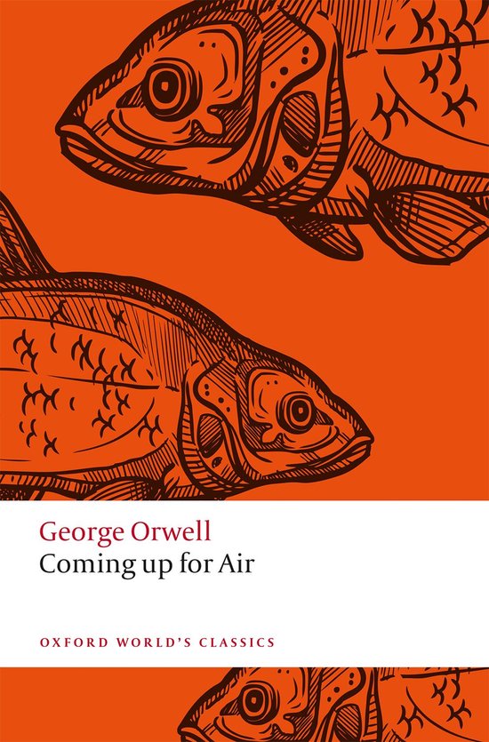 Couverture du livre 'Coming Up for Air' de George Orwell, avec deux poissons brun-noir sur fond orange.