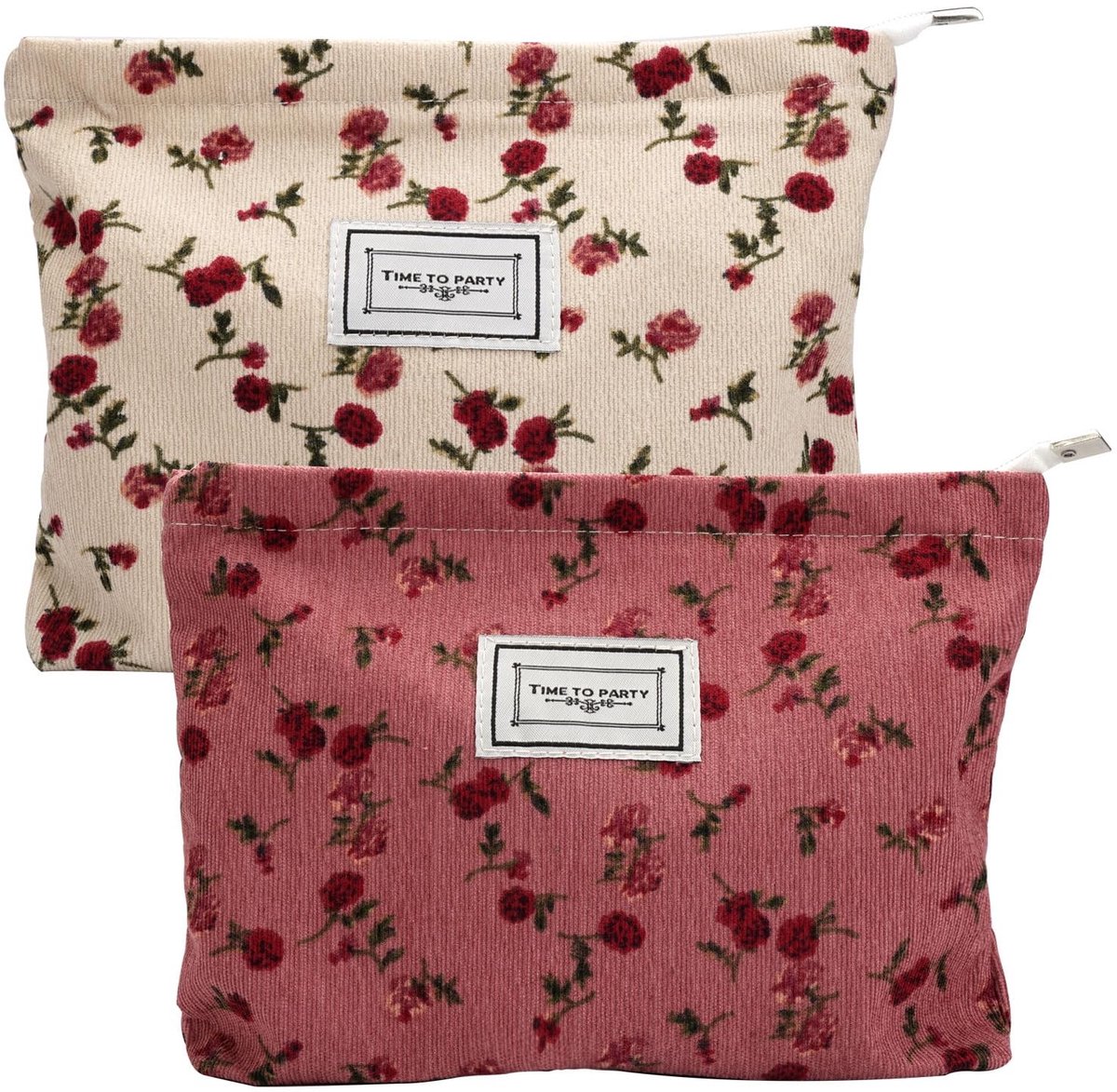 Dailygoods- Toilettas Dames - 2 Stuks - Make-up Tas met Bloemen - Draagbare Corduroytas - Vuilafstotend - Hoogwaardig Canvas - Metalen Ritssluiting