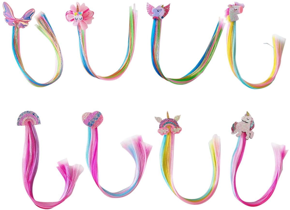 Dailygoods- Haarstrikken Set van 8 - Bunte Haarstrikken - Creatieve Haaraccessoires - Synthetische Haarstrikken - Robuuste Krokodilklem - 38 cm lang - Haarverlengingen