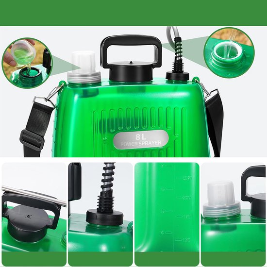 8 liter accu-druksproeier - Elektrische rugsproeier - Druksproeier - Tuinrugsproeier - Comfortabel om te dragen - Telescopische steel - Verstelbare sproeikop - Geschikt voor tuinonderhoud en desinfectie - 2000 mAh - Groen - 1 stuk — afbeelding 2