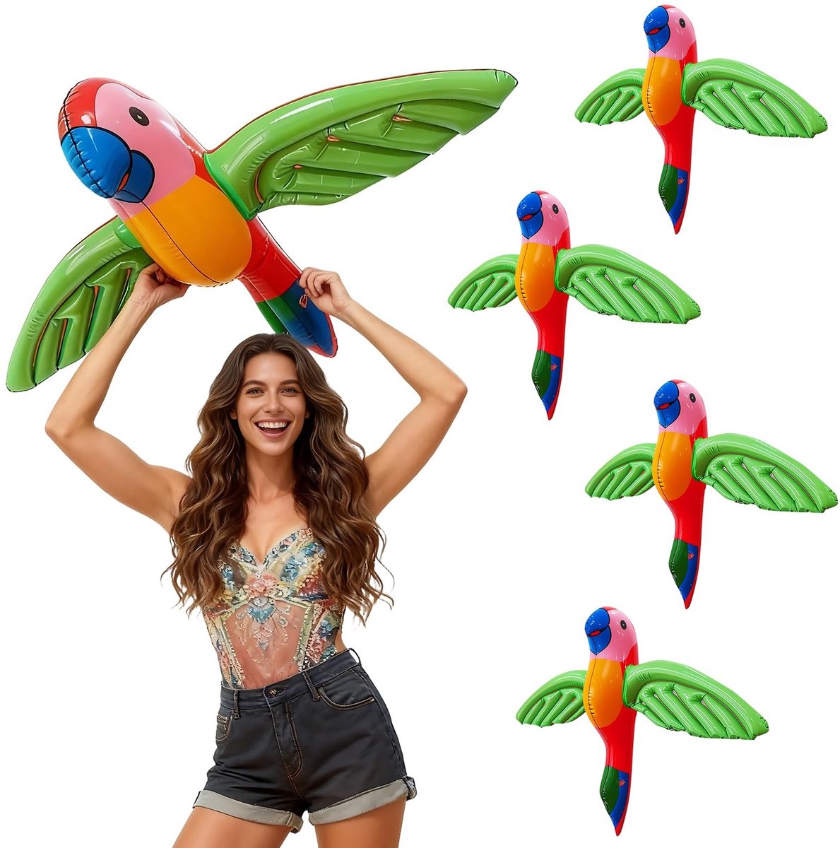 Dailygoods- Opblaasbare Papegaai - 4 Stuks - Tropische Vogeldecoratie - Hawaï-feestdecoratie - Waterdicht - 58 x 75 cm - Duurzaam PVC - Zwembaddecoratie