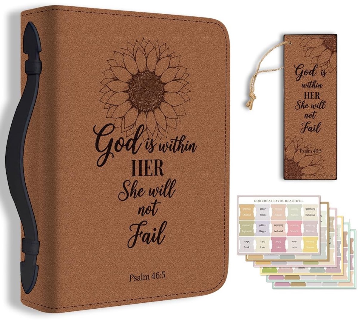 Solidchoice - Bijbelhouder Etui voor School Kantoor Zonnebloem Sketch Bijbelbeschermer met Handvat Bladwijzer Vintage Bijbels Etui met Rits en Label Stickers voor Studenten Volwassenen Bruin PU Leer Tas