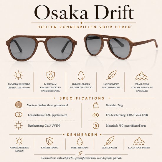 Dzukou Osaka Drift - Zonnebril - Heren - Hout - Gepolariseerd van Dzukou — afbeelding 2