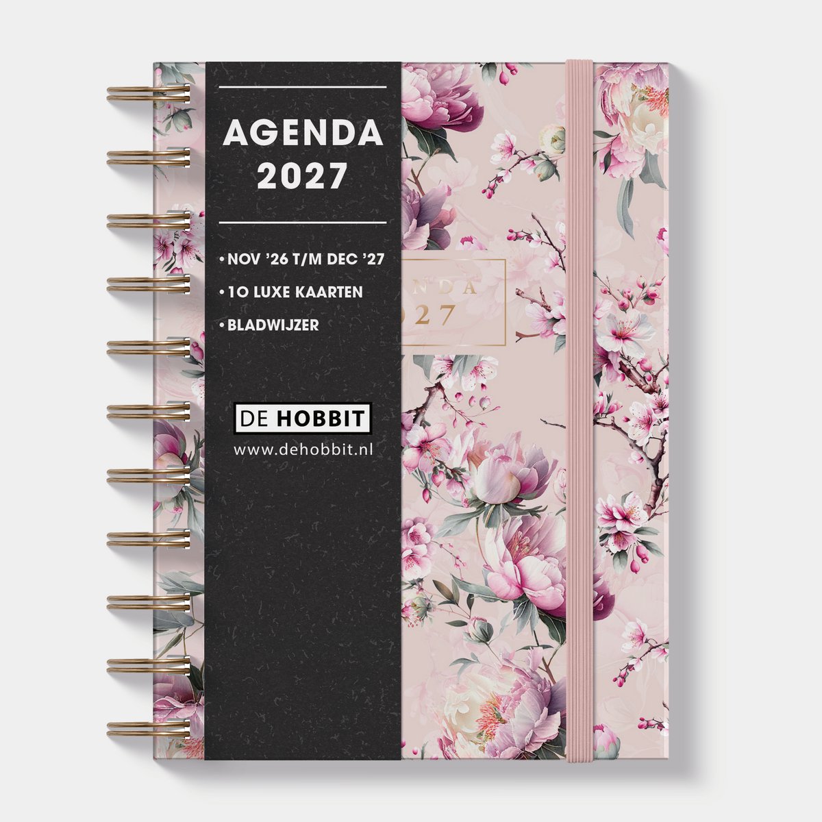 Hobbit - Ringband Agenda 2027 - Agenda A6 (14,8 x 11 cm) - Spiraal Agenda - 1 week op 2 pagina's - Harde Kaft - Kersenbloesem