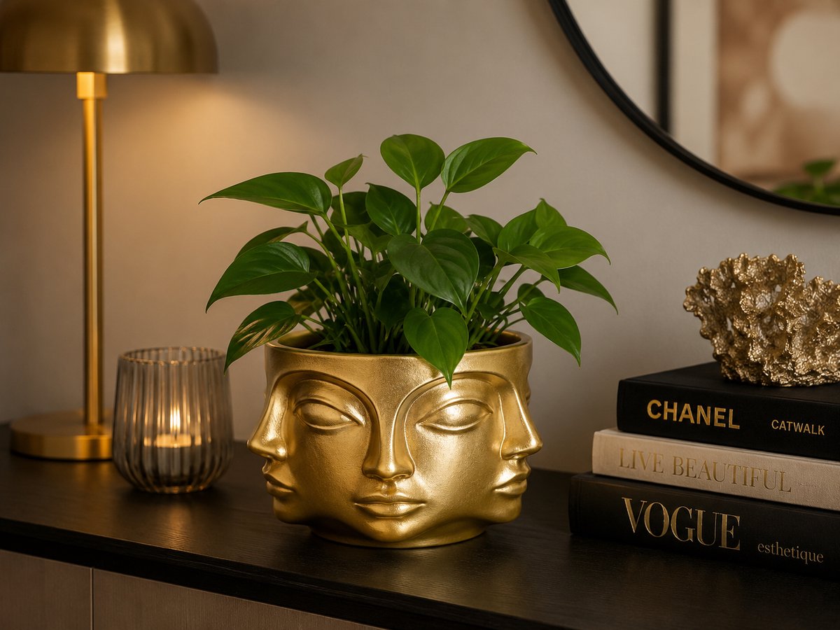 Goudkleurige Bloempot met Gezichtsdesign – Moderne Ronde Plantenpot Ø16,5 x 12 cm – 360° Face Planter / Gezicht Bloempot – Voor Kamerplant, Vetplant, Cactus, Kunstplant & Bloemen – Decoratieve Pot voor Woonkamer, Vensterbank, Bureau, Dressoir & Hal