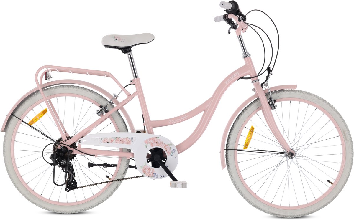 Flower Bike Kinderfiets 24 inch meisjes van 8 tot 12 jaar, Roze, Fiets voor een meisje met 7 versnellingen, bagagedrager, metalen spatborden, V-brake, kettingkast