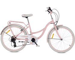 Flower Bike Kinderfiets 24 inch meisjes van 8 tot 12 jaar, Roze, Fiets voor een meisje met 7 versnellingen, bagagedrager, metalen spatborden, V-brake, kettingkast