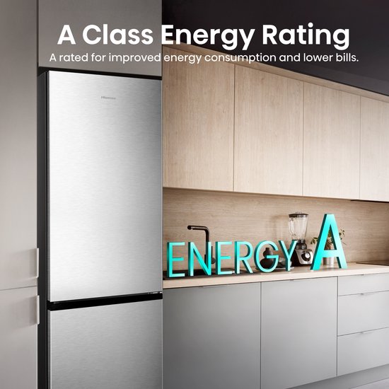 Zilverkleurige Hisense koelkast in een keuken, met tekst 'A Class Energy Rating'.