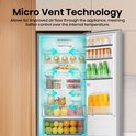 Binnenkant van koelkast met pijlen die Micro Vent Technology aanduiden.