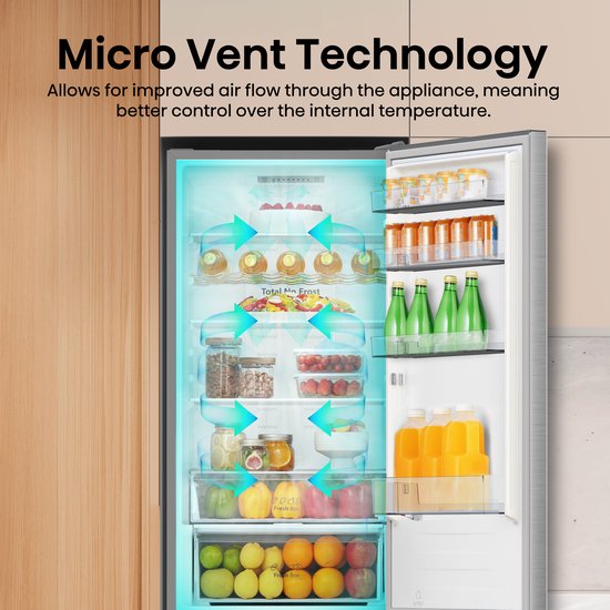 Binnenkant van koelkast met pijlen die Micro Vent Technology aanduiden.