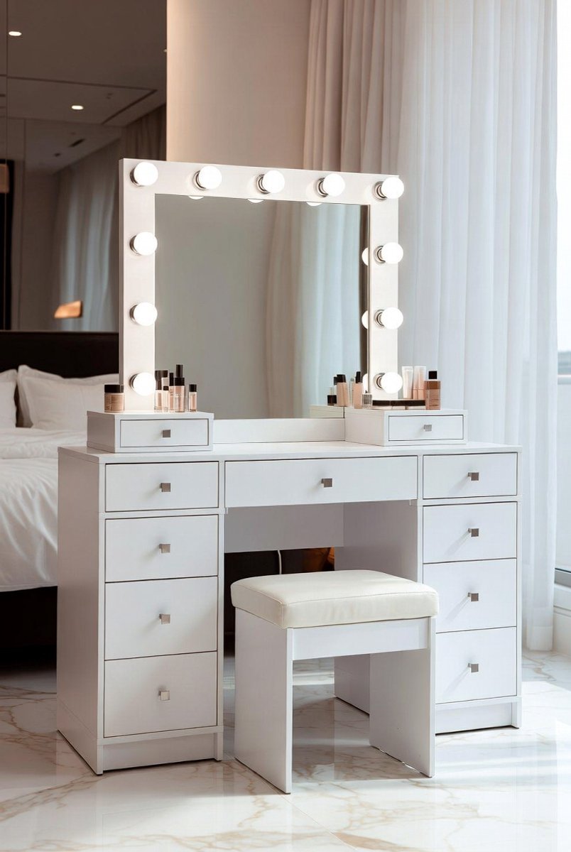 Royal Hollywood Make-uptafel met LED Spiegel, 7 Laden & Luxe Kruk – Grote Witte Kaptafel met Verstelbare Verlichting, Opbergruimte en Moderne Vanity Table voor Slaapkamer - Medahomestore