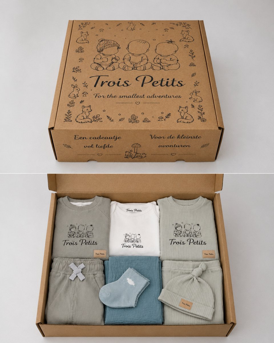 Trois Petits® Kraamcadeau Giftset Baby Kleding - 8-Delig Compleet Pakket - Herfst/Wintersetje, Zomersetje & Muts - Hydrofiel doek - Romper Biologisch Katoen - Kraamcadeau Jongen & Meisje - Babyshower Cadeau - Origineel Kraamcadeau
