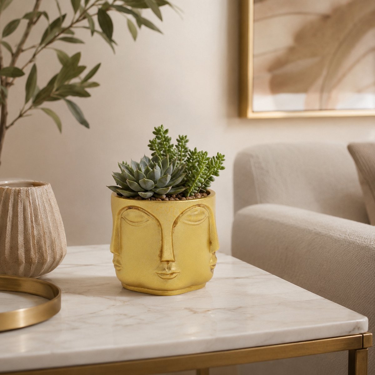 Goudkleurige Bloempot met 4 Gezichten – Ronde Decoratieve Plantenpot Ø11,2 x 10,4 cm – Moderne Gezicht Bloempot / Face Planter – Voor Vetplant, Cactus, Kunstplant, Bloemen & Woondecoratie – Luxe Interieur Accessoire voor Vensterbank, Bureau, Dressoir