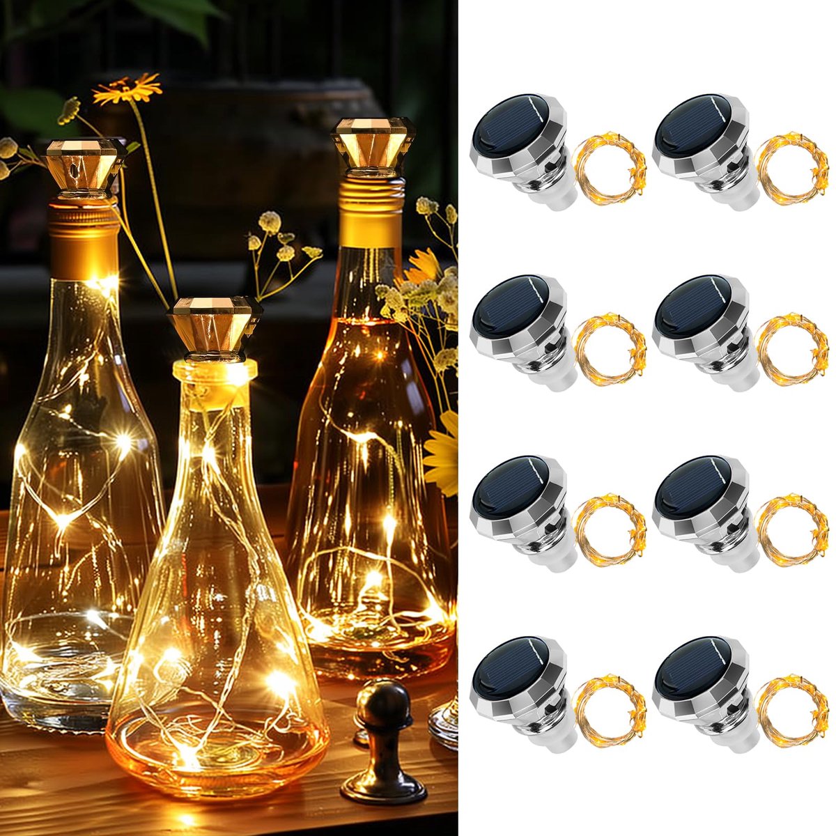 Dreamhigh® Solar Flesverlichting - set van 8 LED-kurkverlichting - 2 meter Lichtsnoer met 20 LED's op zonn - Energie voor Buiten – Ideaal voor Doe - Het - Zelfdecoratie - Feestjes - Tuinen en Bruiloften