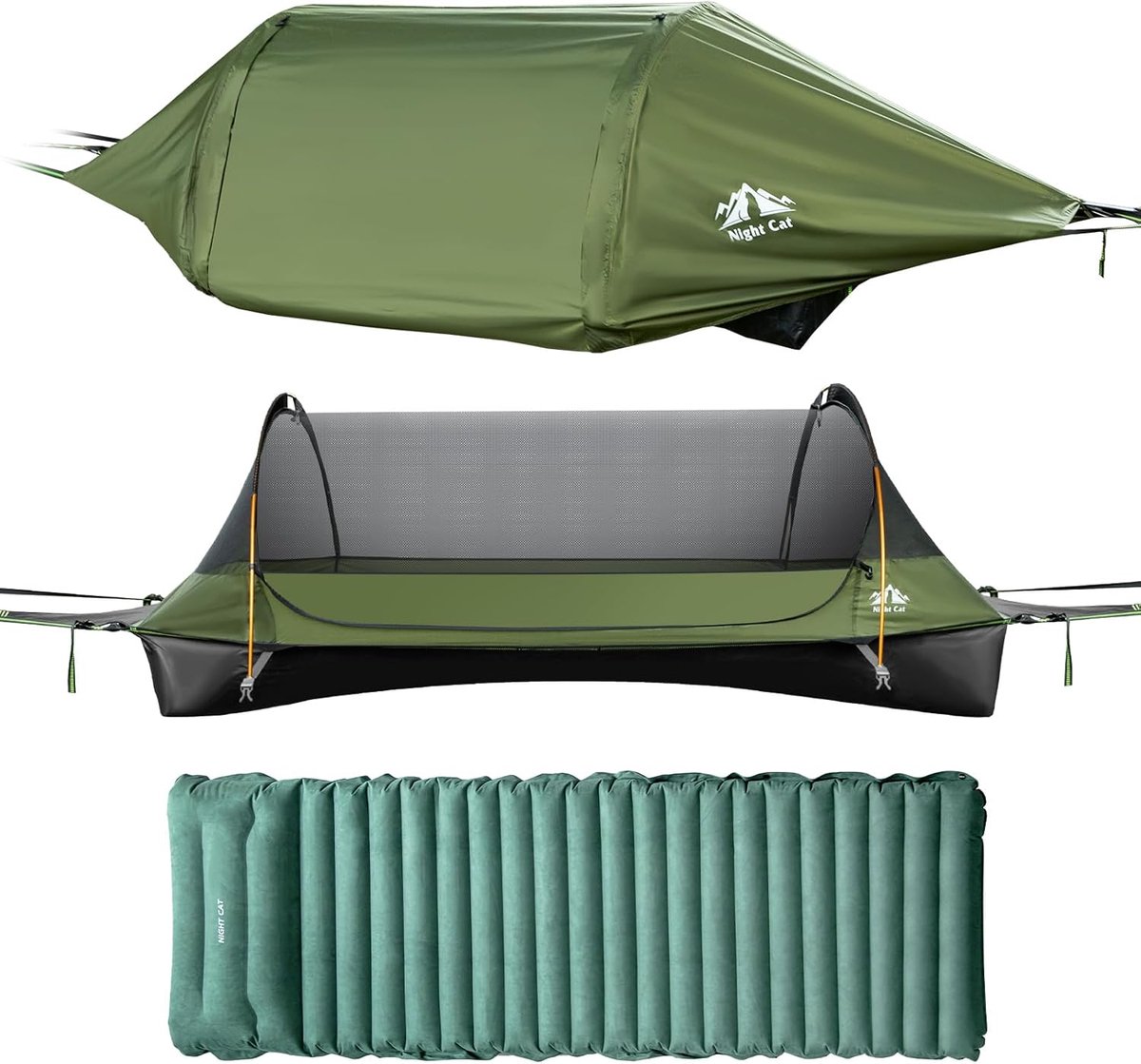 Night Cat Hangmat Outdoor Weerbestendig: Hangmattent Platliggend met Muggennet Tarp en Opblaasbare Slaapmat XXL voor 1 Persoon Kamperen Trekken en Tuin