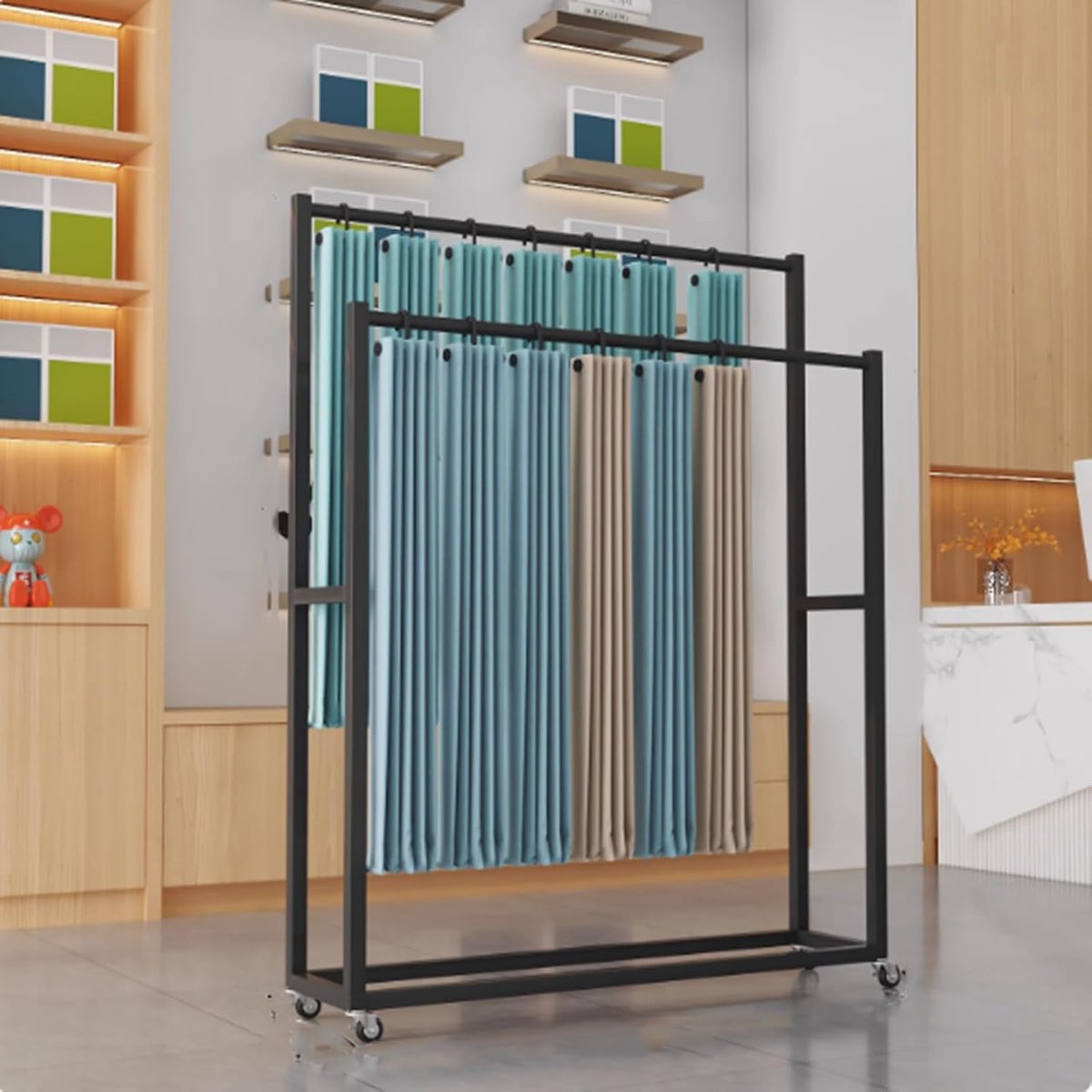 Opbergrek Gordijnen Stoffen - Organizerhouder Wielen - Winkel Display - Verstelbare Ophangstang - 150x30x150cm - Goud