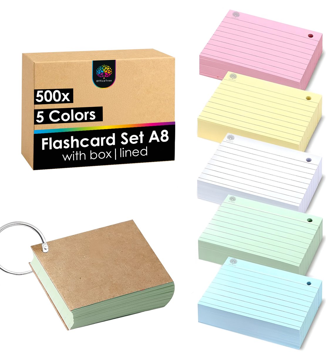 OfficeTree 500x Flashcards A8-5 Kleuren - Flashcards met Ring en Opbergdoosje - Woordenschat Flashcards A8 gelinieerd - Flashcards voor Examens & Aantekeningen - Woordenschat Cards A8 - Flashcards