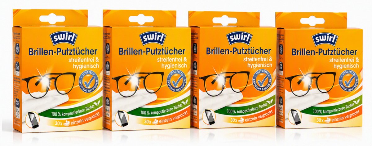 Swirl Brillenpoetsdoekjes – 4 x 30 Stuks (120 Doekjes) – Individueel Verpakt – Streeploos Reinigen – Voor Brillen, Smartphone, Tablet & Laptop