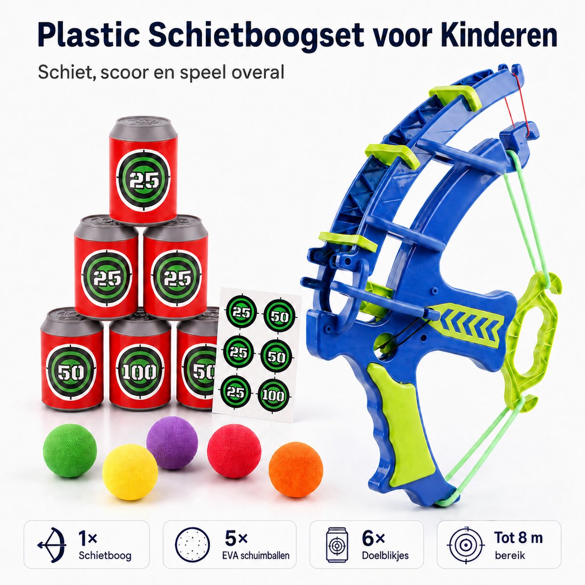 Boogschieten Speelgoed - Blikgooien met Boog & Ballen - Schietspel voor Kinderen - 5 Zachte EVA Ballen - 6 Doelblikjes - Binnen & Buiten - Buitenspeelgoed - Tot 8 m - Blauw