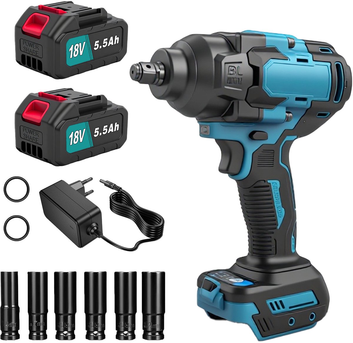 Slagsleutel 1000 Nm – borstelloos, 2x 5,5 Ah accu, 6 doppen, 3300 tpm – voor auto en montage