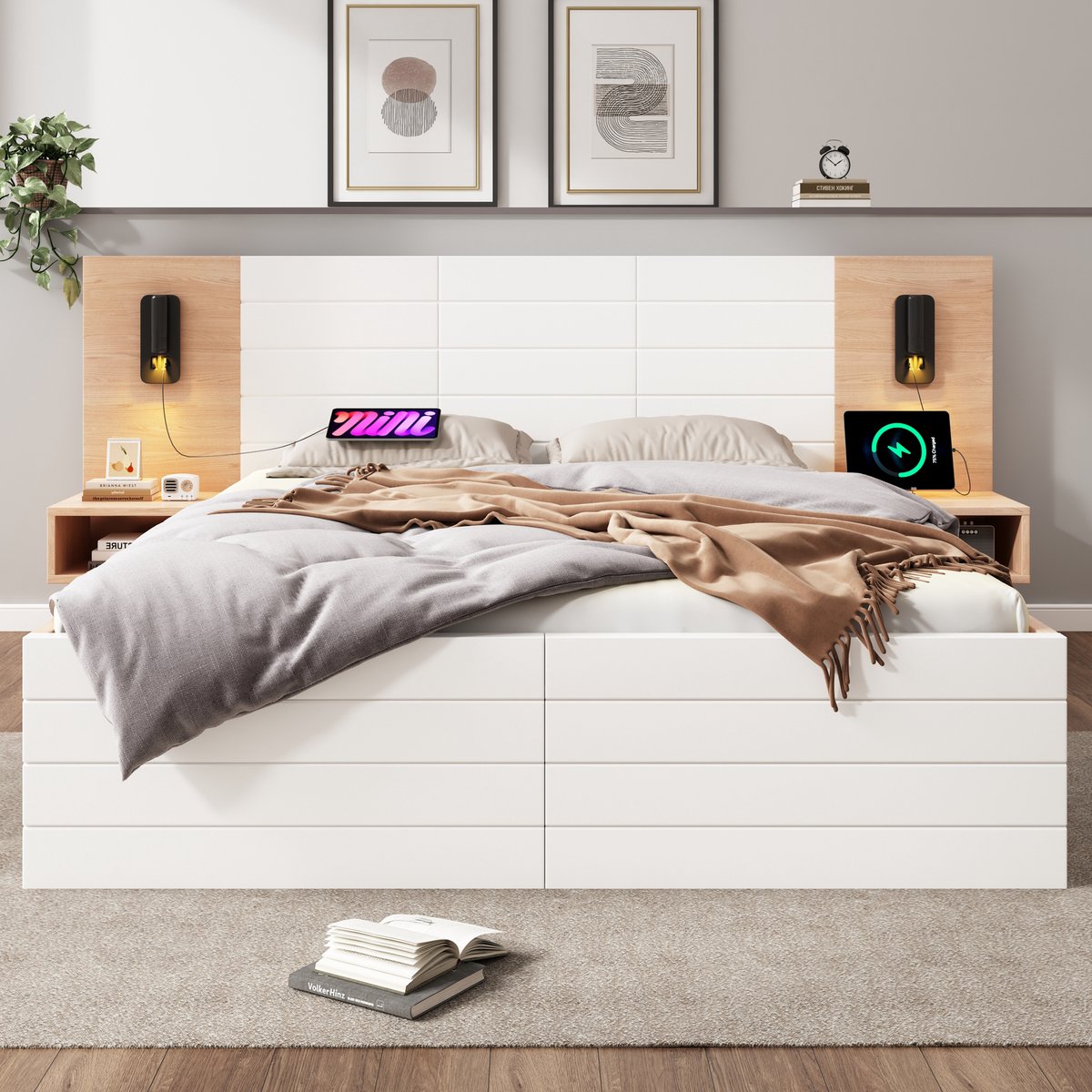 VVBV Tweepersoonsbed 180x200 / Opbergbed – met Opbergruimte, Lades, USB, Lattenbodem – 2 Lades – Hoofdbord – Massief Hout – Wit – Zonder Matras White + Light Oak