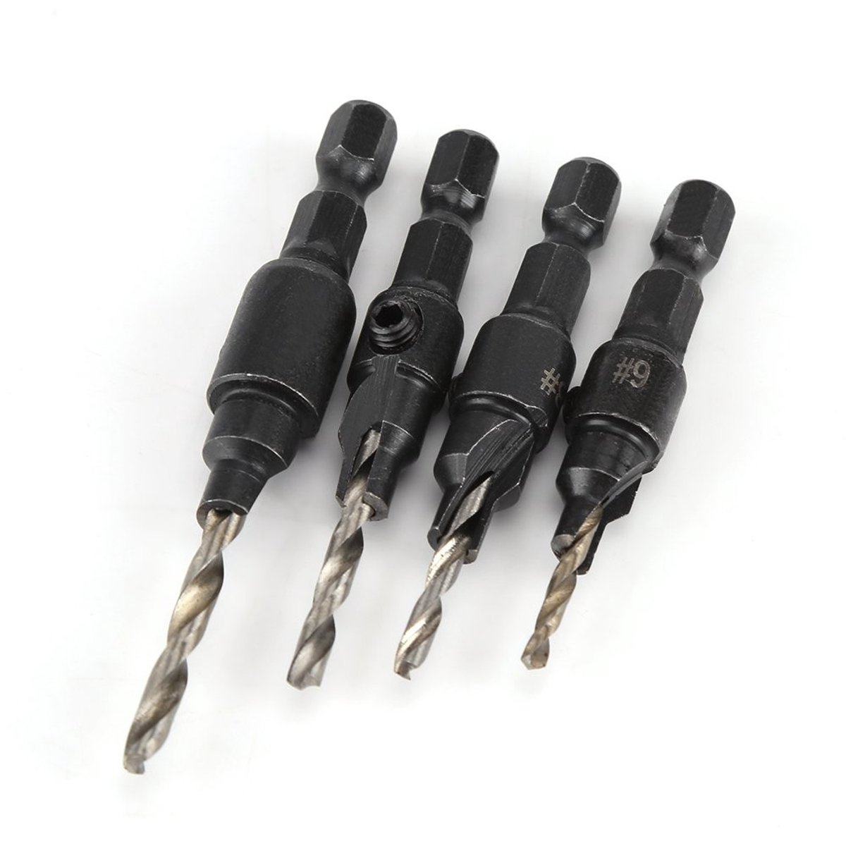 Dailygoods- Verzinkboorset HSS 4-delig - Zeskantige Schacht 6,35 mm - Verstelbare Tegenhuls - Boormaten #6/#8/#10/#12 - Geschikt voor Hout - Boorset