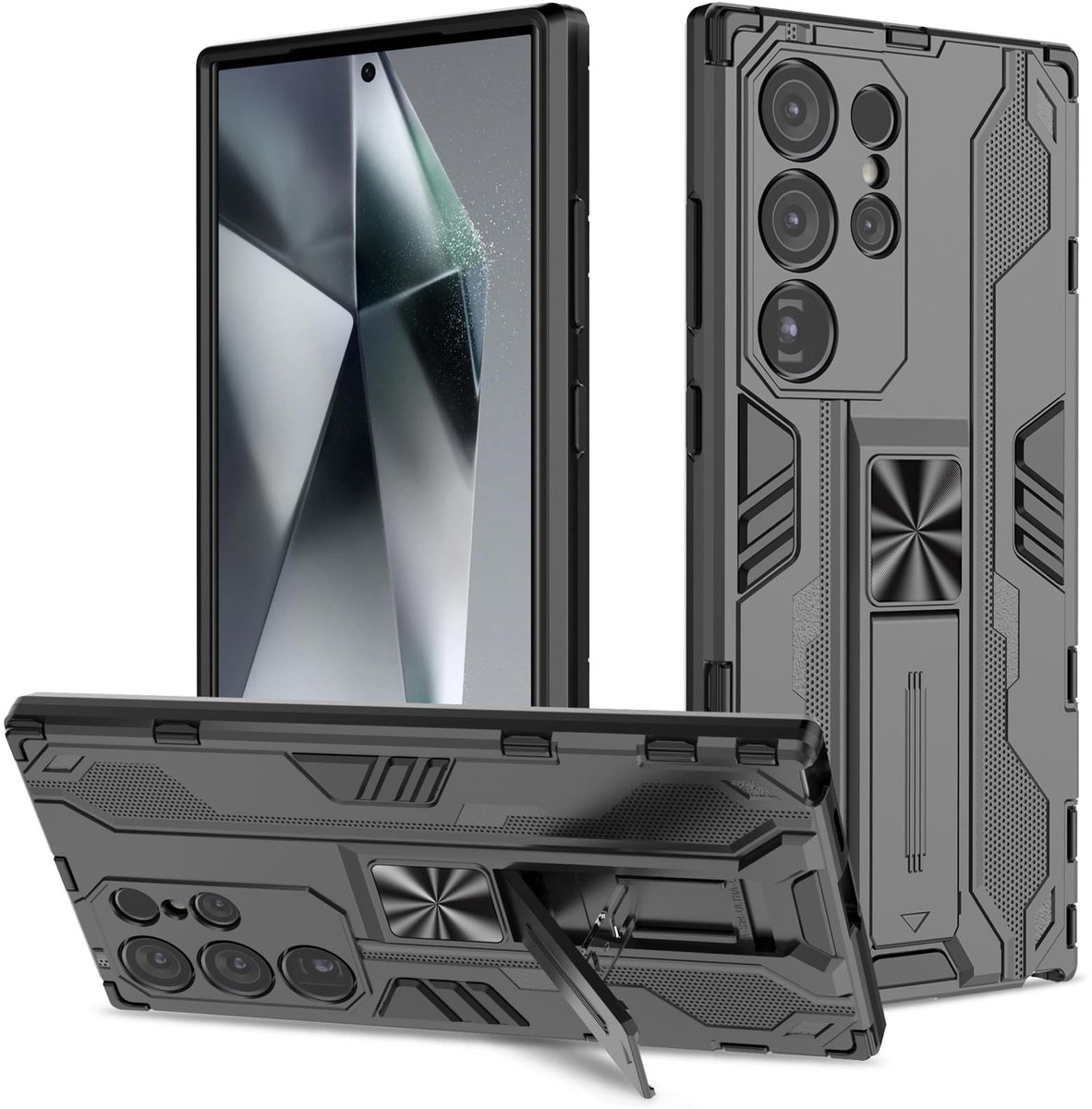 Dailygoods- Hoesje Samsung Galaxy S24 Ultra - Schokbestendige Cover - Standfunctie - Militaire Standaard - Zwart - Duurzaam Materiaal - Telefooncase