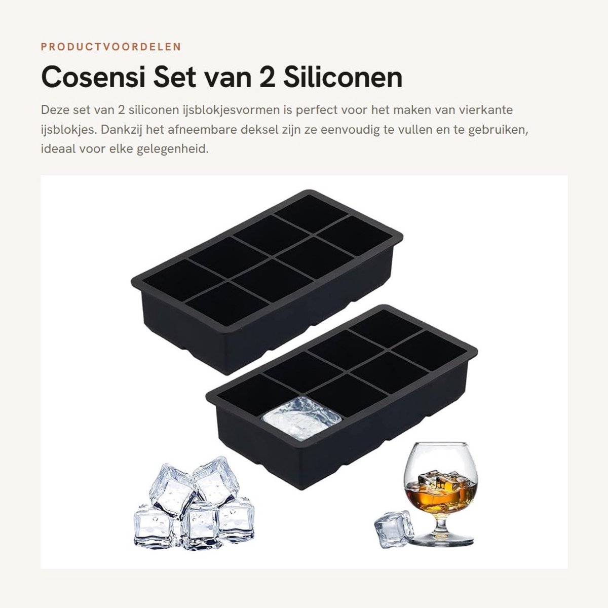 Dailygoods- IJsblokjesvorm met afneembaar deksel - Siliconen - 2 stuks - 8 vakken - Zwart - Geschikt voor drankjes en smoothies - Ijsvorm