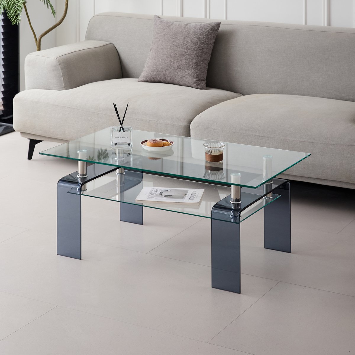 DESMIU Salontafel - Modern Tweelaags Gehard Glas Met Grijze Poten - Voor Woonkamer En Kantoor - Glas - Transparant - 100x55x45 Cm
