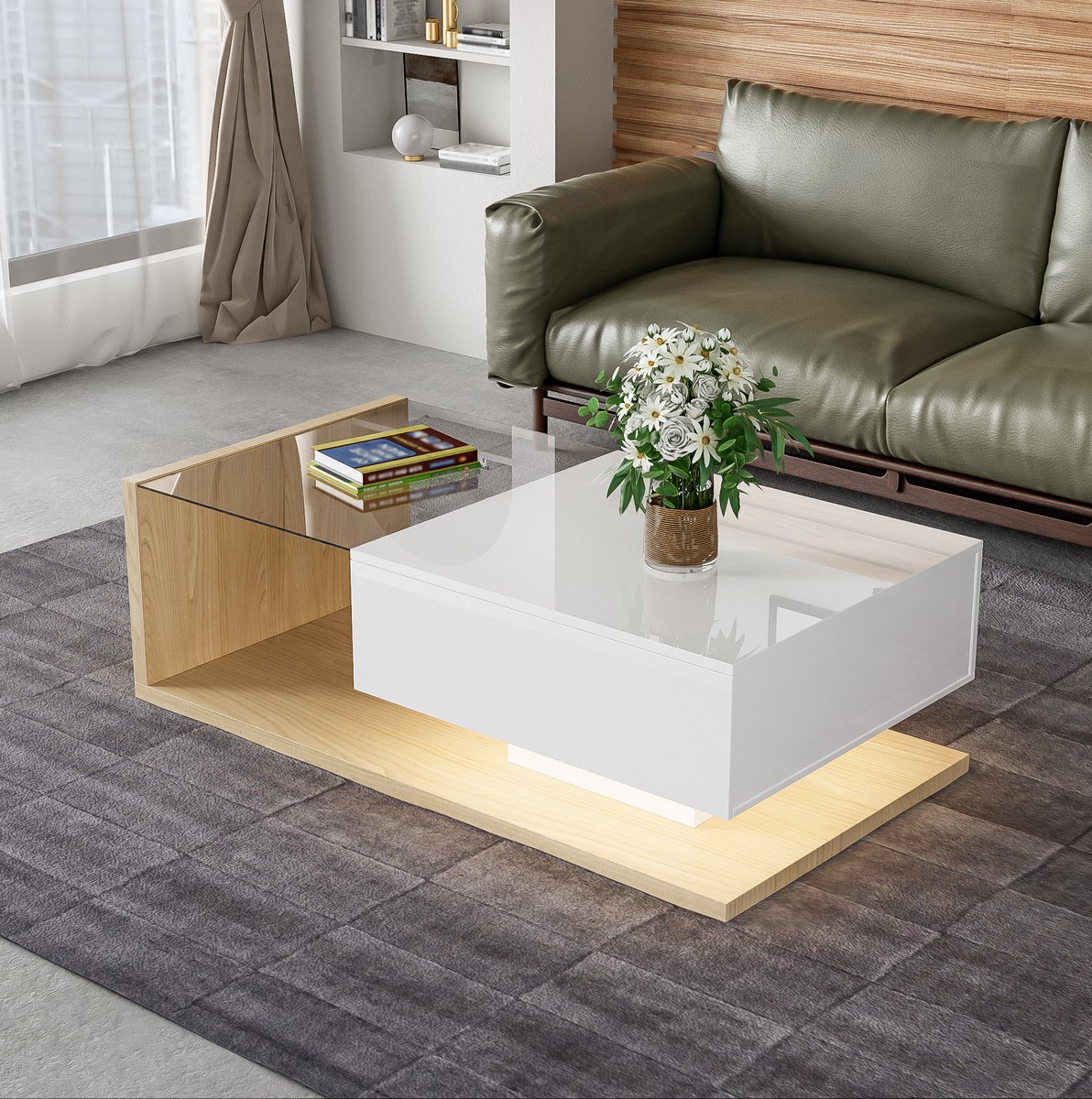 DESMIU Salontafel - Hoogglans Wit Met Houttint En Glazen Bovenblad - Modern Voor Woonkamer En Interieur - Spaanplaat - 105x55x32,5 Cm - Naturel