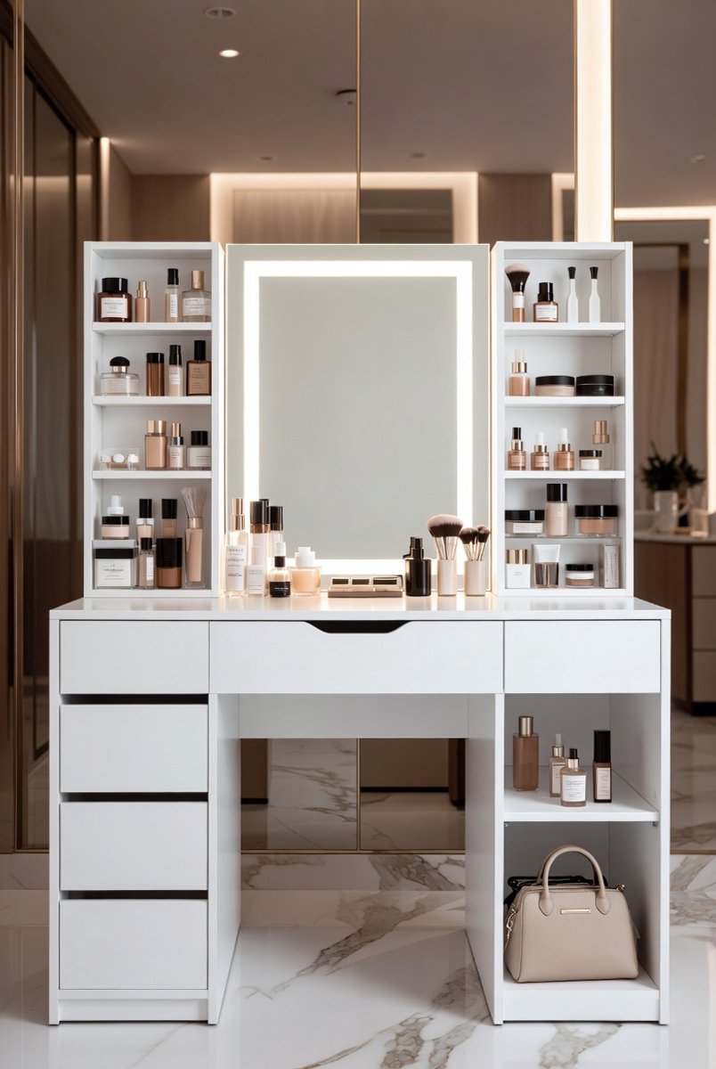 Luxe Kaptafel met LED Spiegel - Laden - Wit - LED Verlichting, 3 Lichtkleuren Dimbaar, - Medahomestore
