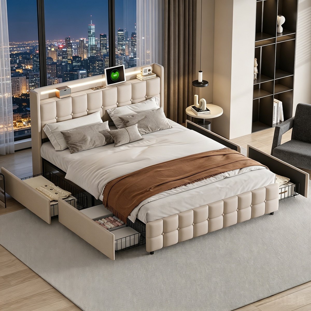 MEXUS Gestoffeerd bed 180x200 cm met LED-hoofdbord en USB-poorten, tweepersoonsbed met lattenbodem en 4 opberglades, opbergbed met opbergruimte, zonder matras, linnen beige