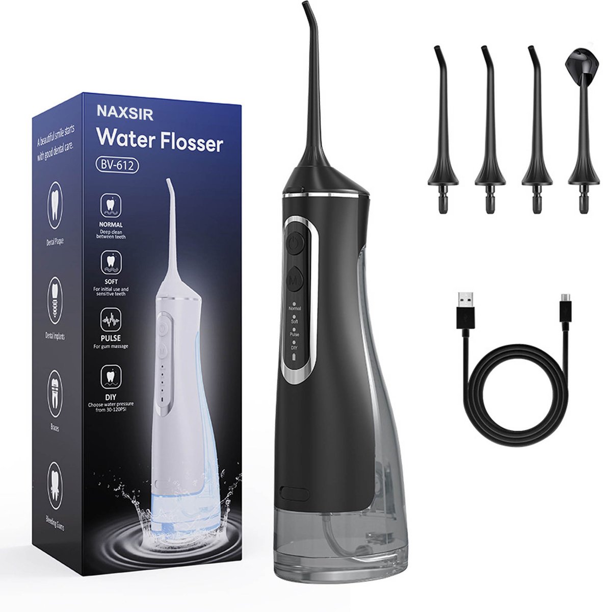 Draadloze Waterflosser – Flosapparaat - Monddouche - 4 Modi, 4 Opzetstukken – 320ml Tank & 20 Dagen Batterij