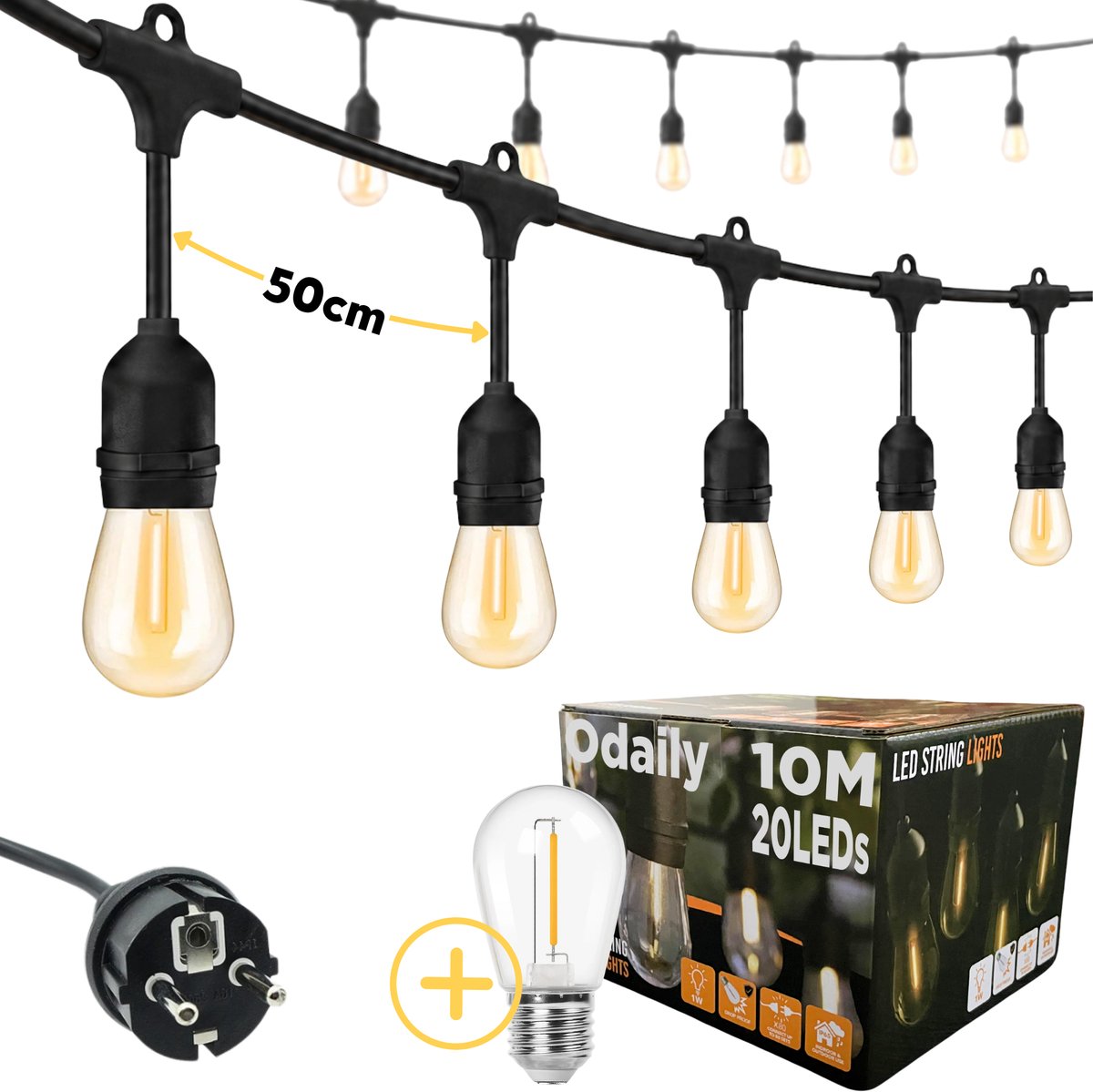 Odaily Lichtsnoer voor Buiten - 10 Meter - 20 LED Lampen - Warm Wit Licht - IP65 - Horecakwaliteit