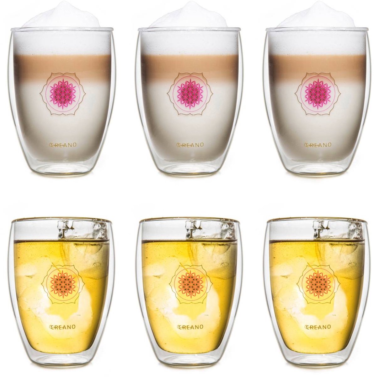 Creano dubbelwandig theeglas, latte macchiato, thermobeker Bloem des Levens | 250ml, in exclusieve geschenkdoos set van 6