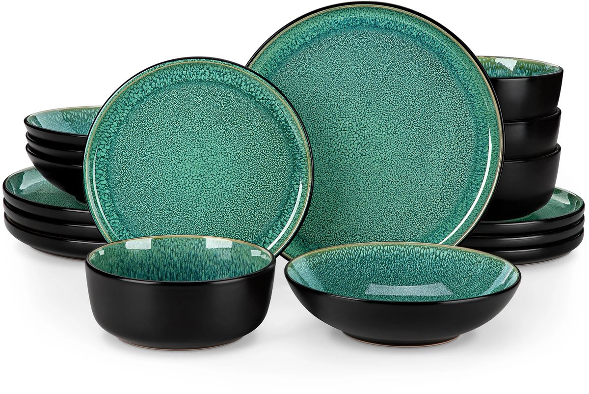 Home & Beyond® Serviesset 16-delig Groen - Keramisch Servies voor 4 Personen - Inclusief Dinerborden, Ontbijtborden, Kommen en Diepe Borden - Reactief Glazuur