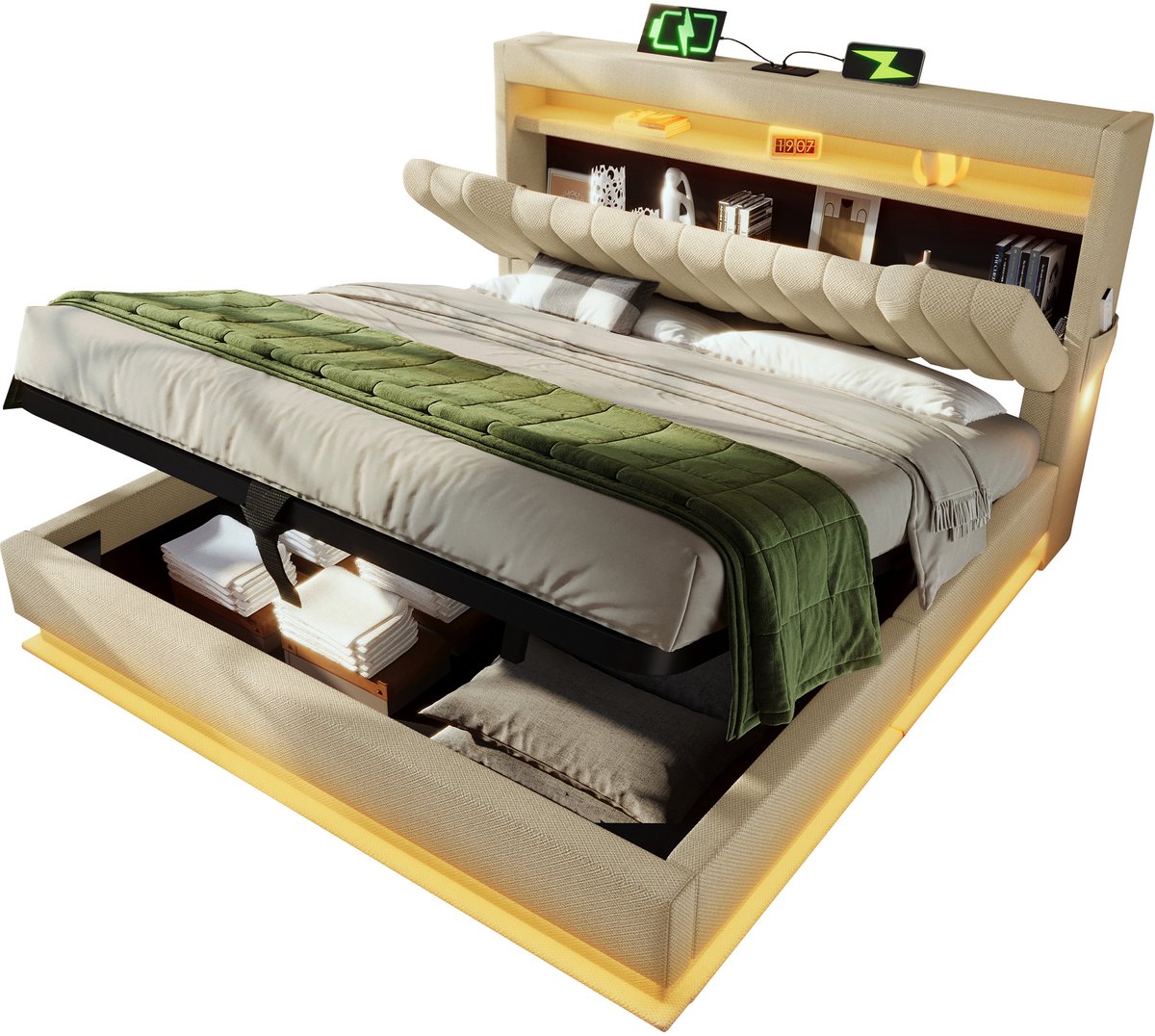 VVBV Bed met opbergruimte 160x200 / Tweepersoonsbed 160x200 – met Hydraulische Opbergruimte, LED-Verlichting, USB, USB-C, Stopcontact – Hoofdbord – Linnen