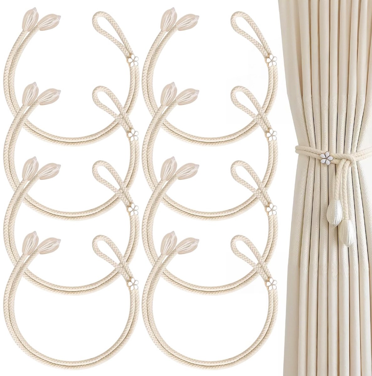 Dailygoods- Gordijnhouders - 8 Stuks - Verstelbare gesp - Voor gordijnen zonder boren - Polyester - Champagne - Elegant ontwerp - Gordijnband