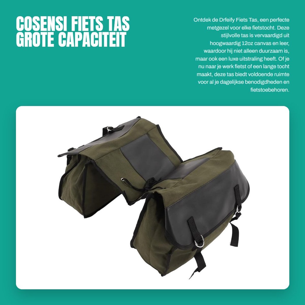 Dailygoods- Fietstas Grote Opbergruimte - Fietstas Dubbel - Fietstas Rugzak - Waterdicht - Stabiele Installatie - Duurzaam 12oz Canvas en Leer - Fietsbag