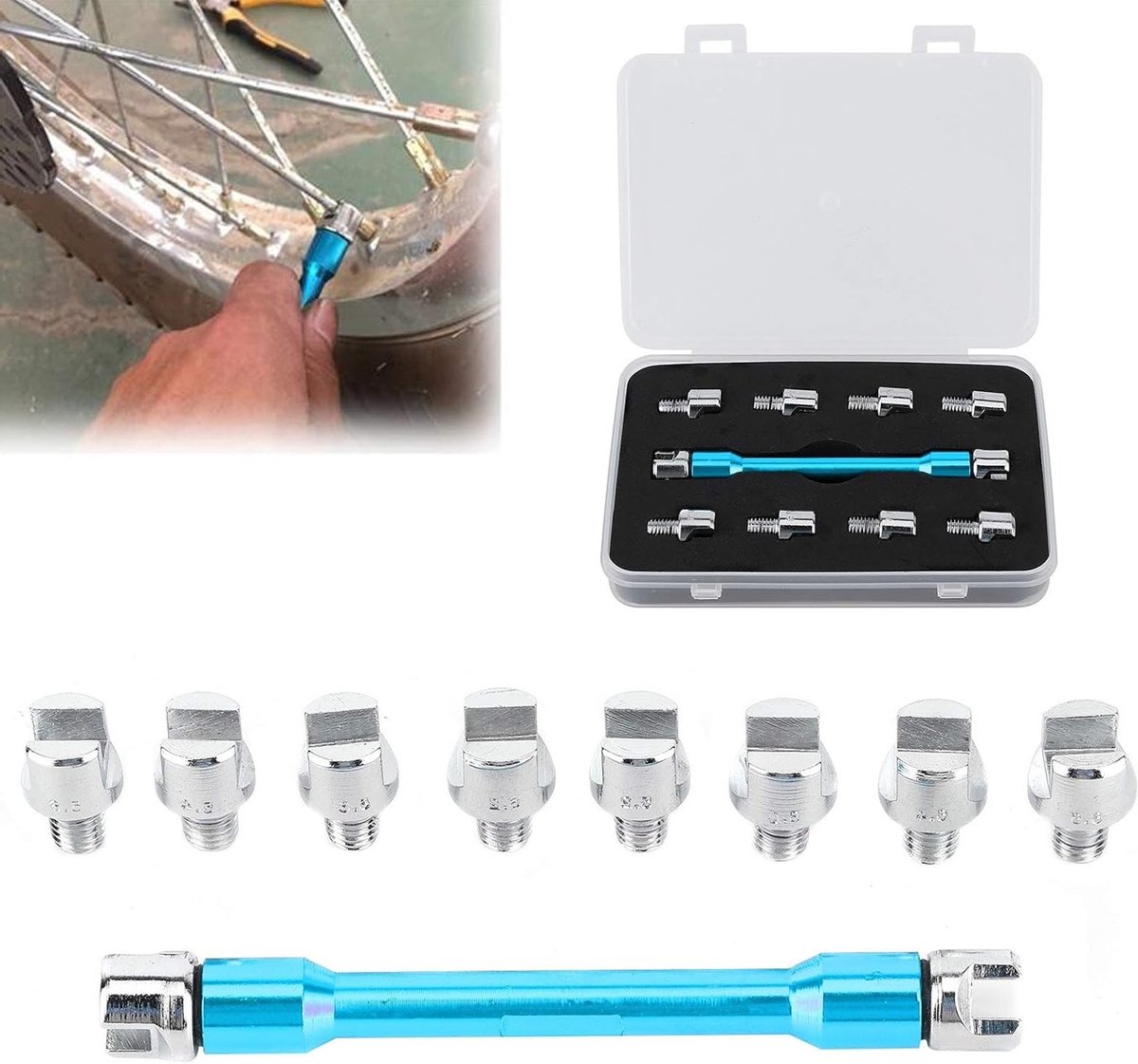 Set van 10 Spaak Sleutels voor Motorfietsen - Torque Wrench voor Dirt Bikes, CNC Gereedschap met Opbergdoos, Geschikt voor Spaakverstelling 5.0‑6.8mm en Lengte van 93mm