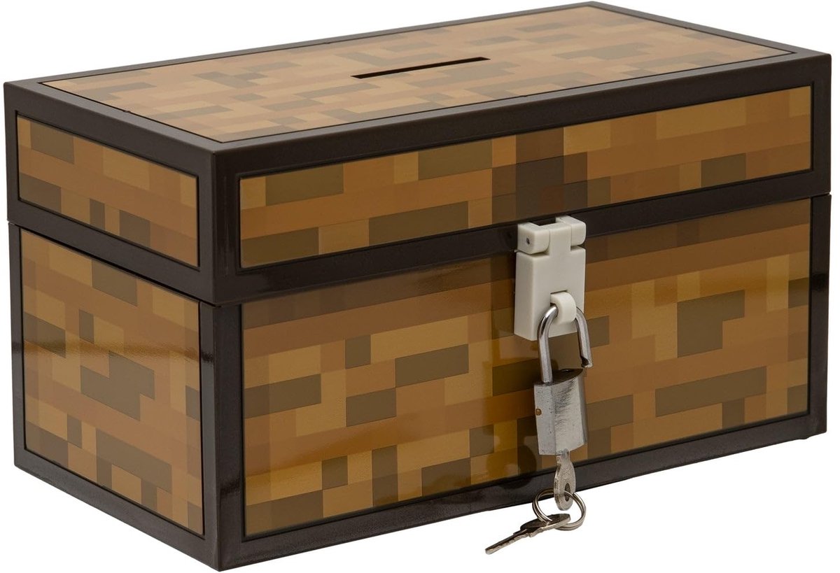 Dailygoods- Spaarpot - Minecraft Kist - 12 cm Hoog - Beveiligd met Hangslot - Spaarbank - Perfect voor Gamers