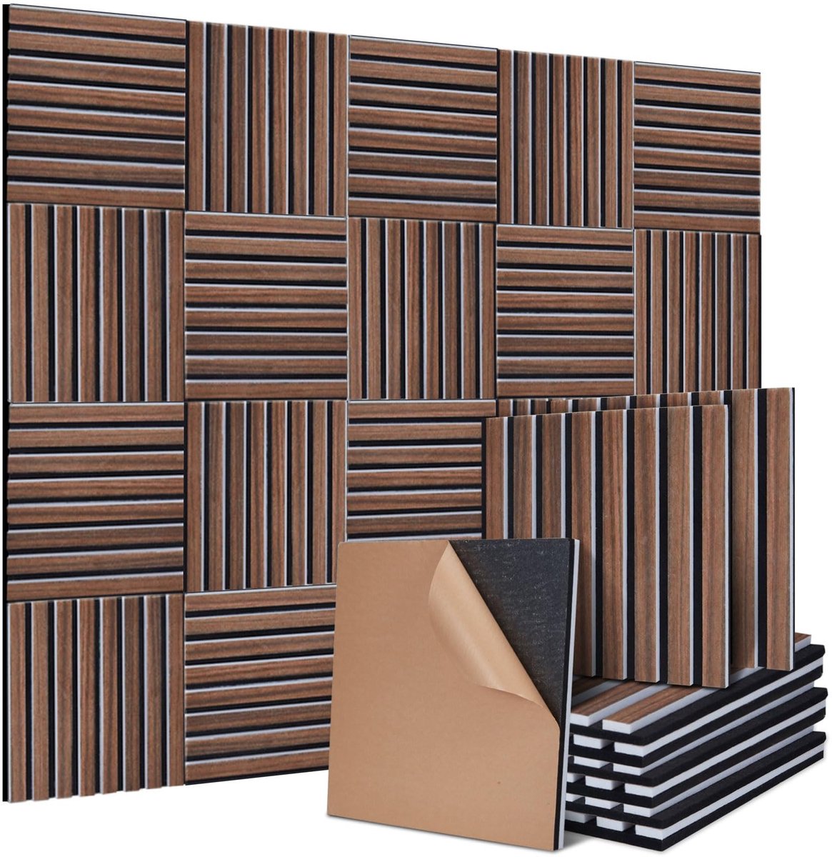 Dailygoods- Akoestische Panelen - Zelfklevend - Set van 4 Stuks - 30 x 32 cm - Geluidsisolatie - Walnootkleurige Vezelplaat - Akoestisch Vilt - Geluidsabsorberende Panelen