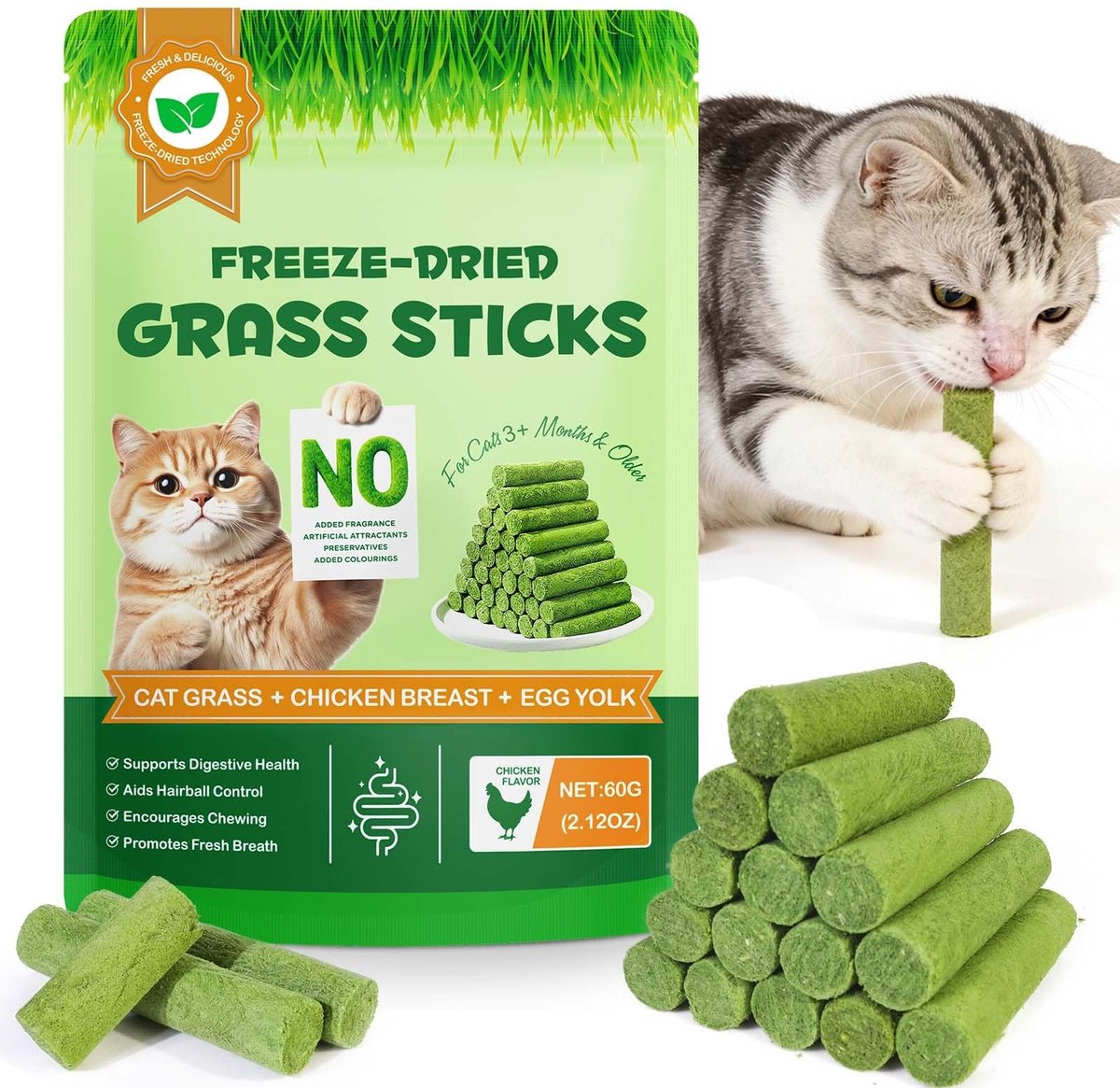 Dailygoods- Kattengrassticks 60 g - Vriesgedroogde Snacks - Tandverzorging - Haarballen Controle - Spijsverteringsgezondheid - Frisse Adem - Kattenvoer