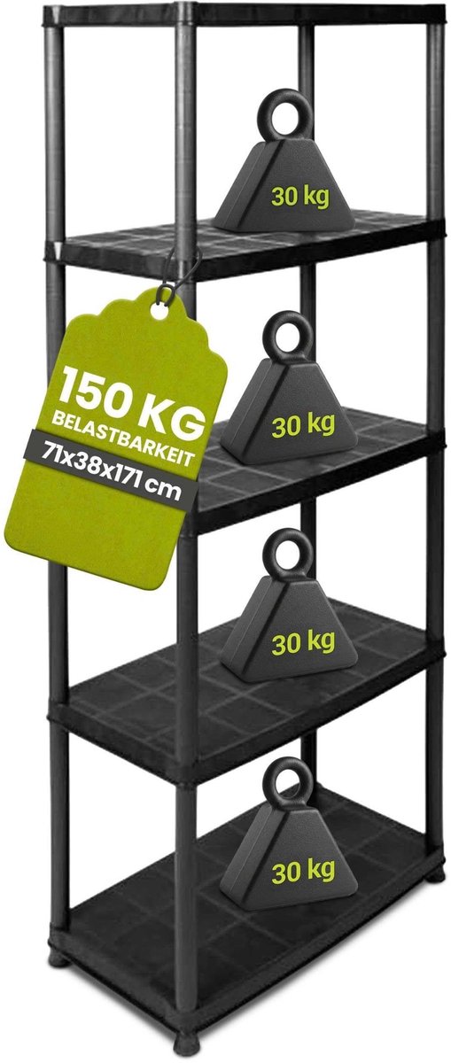 Dailygoods- Plastic Rek 5 Planken - Belastbaar tot 30 kg per bodem - Afmetingen 71 x 38 x 170 cm - TÜV Getest - Stabiel en Afwasbaar - Inclusief Wandmontage - Opbergrek