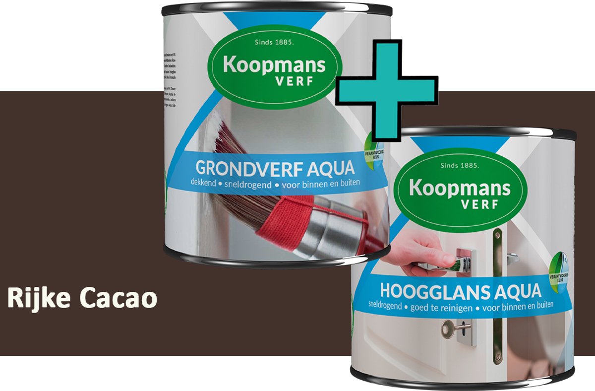 Koopmans Grondverf Aqua en Hoogglans Aqua Verfset - Binnen en Buiten - Rijke Cacao - 2x 1,5 l