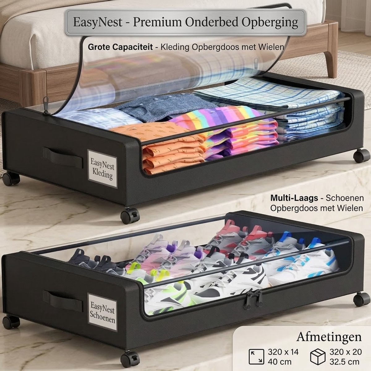 Onderbed Opbergbox met Wieltjes 2-Pack – 60L XXL Opbergboxen met Deksel – Lage Rollende Opbergbox voor Onder Bed – Ideaal voor Kleding, Schoenen & Dekens – Zwart