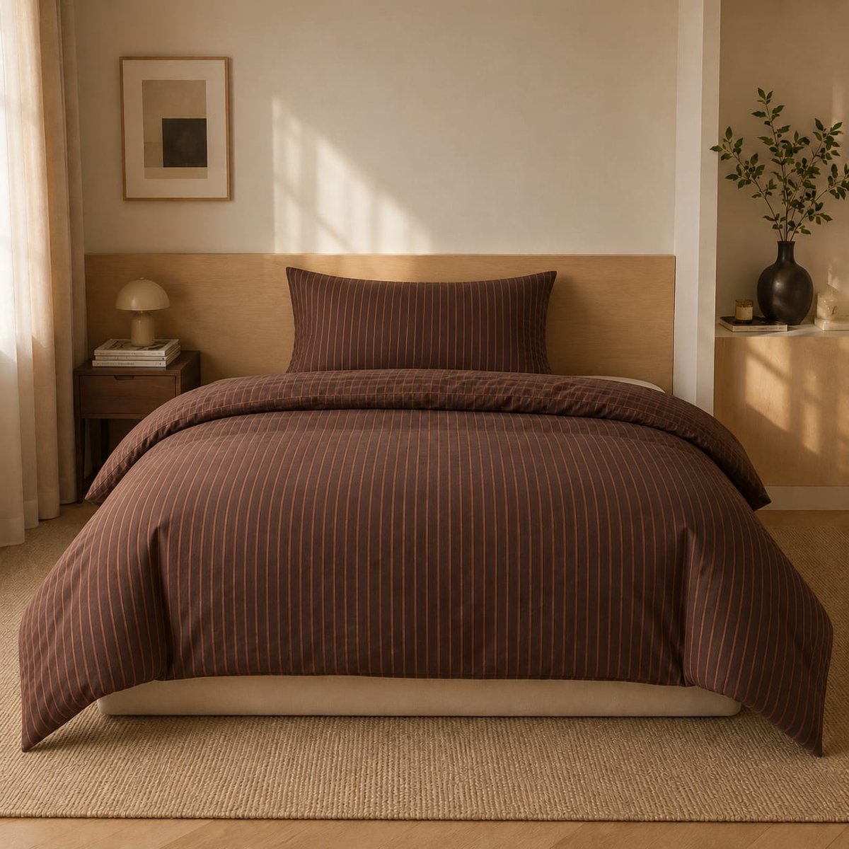 Beddengoedset 135x200 cm bruin gestreept allergievriendelijk microvezel dekbedovertrek met ritssluiting en 1 kussensloop 80x80 cm